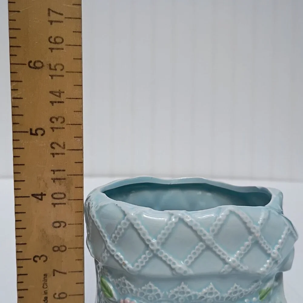 Napco Japan Vintage Baby Bootie Planter Blue Ceramic Laced Flower Mid-Century 4